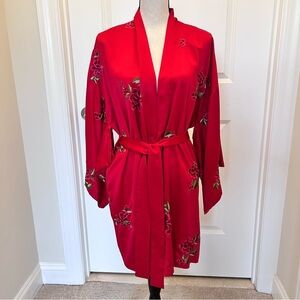 Victoria's Secret Red Satin Rose Embroidered Kimono Robe